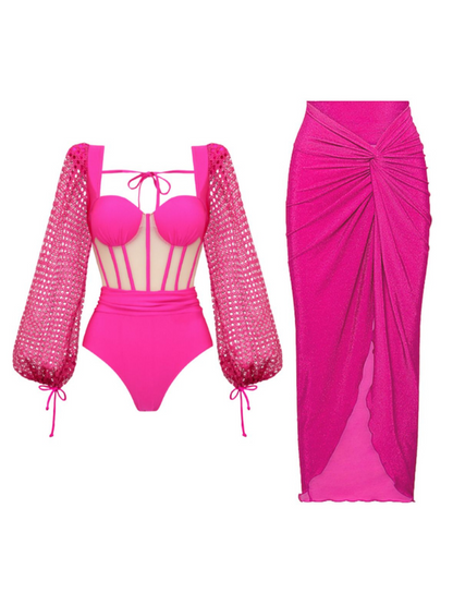 Long-sleeved Net Yarn Splici bikini dress