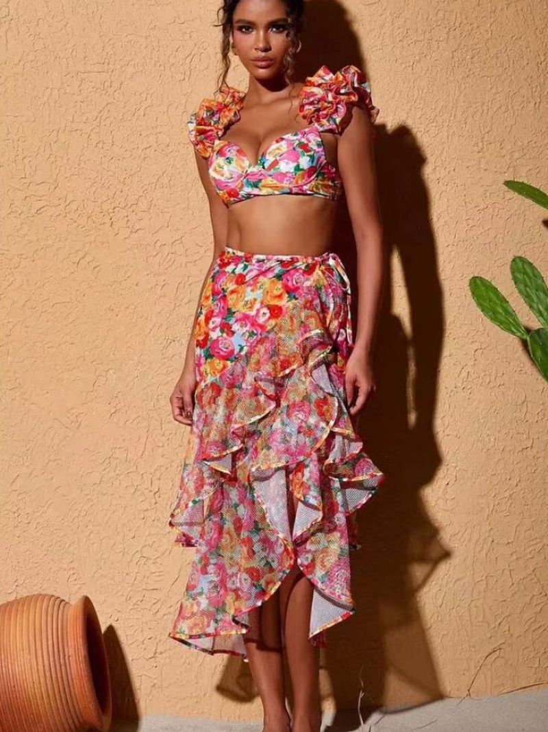 Ruffled Straps Floral Print Bikini Swimsuit