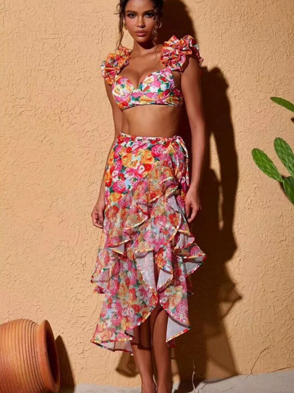 Ruffled Straps Floral Print Bikini Swimsuit