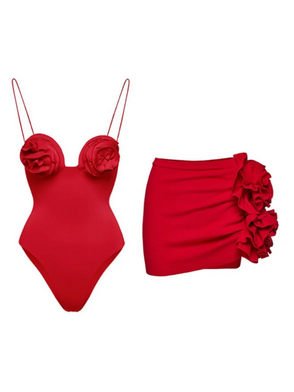 3D Flower Strappy One Piece Swimsuit