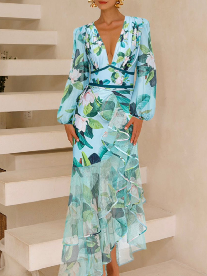 Long-sleeved Mangnolia Print One Piece