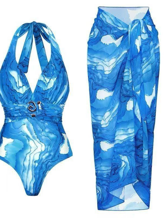 Emerald blue One Piece Swimsuit with Cover Up