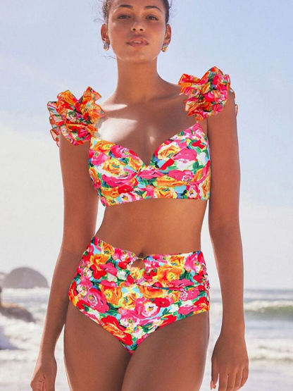 Ruffled Straps Floral Print Bikini Swimsuit