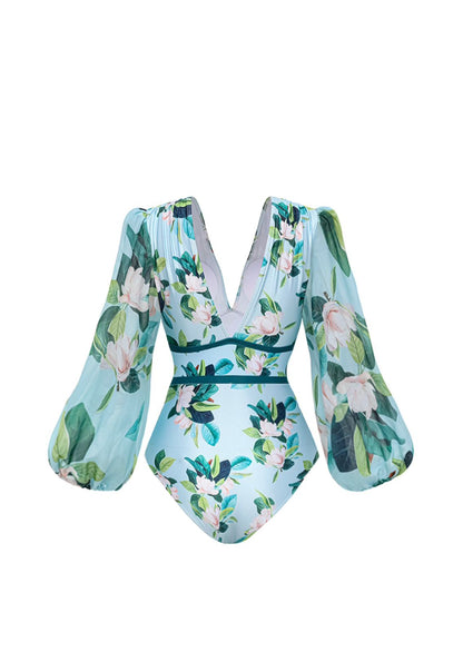 Long-sleeved Mangnolia Print One Piece