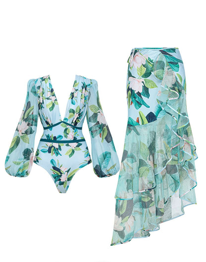 Long-sleeved Mangnolia Print One Piece