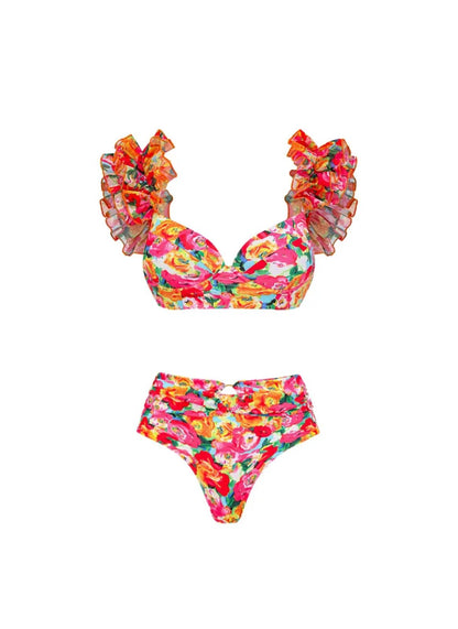 Ruffled Straps Floral Print Bikini Swimsuit