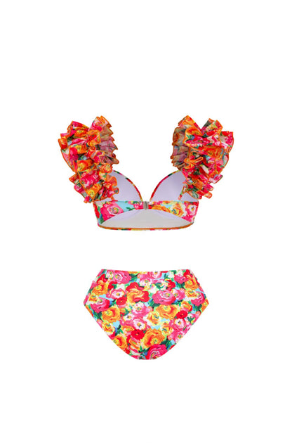 Ruffled Straps Floral Print Bikini Swimsuit